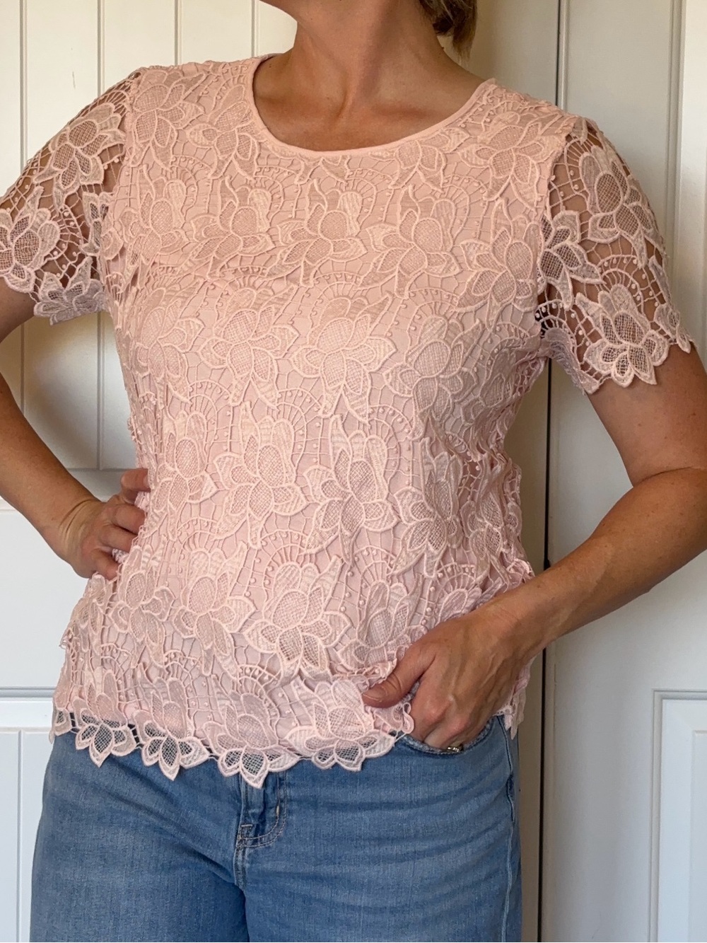 Philosophy Blush Pink Floral Lace Short Sleeve Top